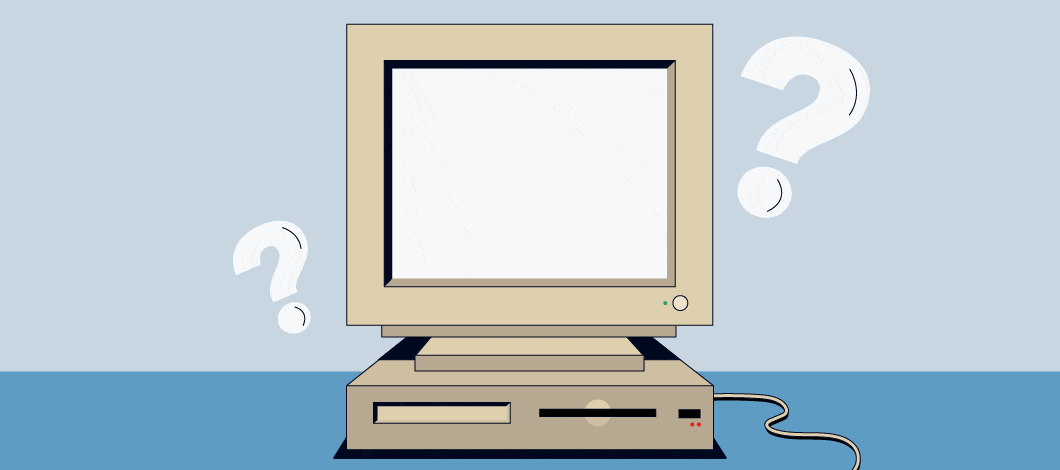 A computer screen displays a bar graph trending sharply downward. Question marks hover around the monitor.