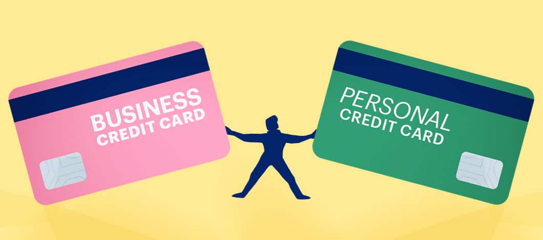 A silhouette of a person stands between two giant credits cards labeled “Business” and “Personal” with arms outstretched to separate them.