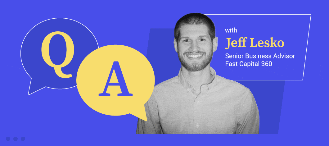 Blue background with a photo of iBusinessLender’s Senior Business Advisor, Jeff Lesko, with the letters Q and A next to him