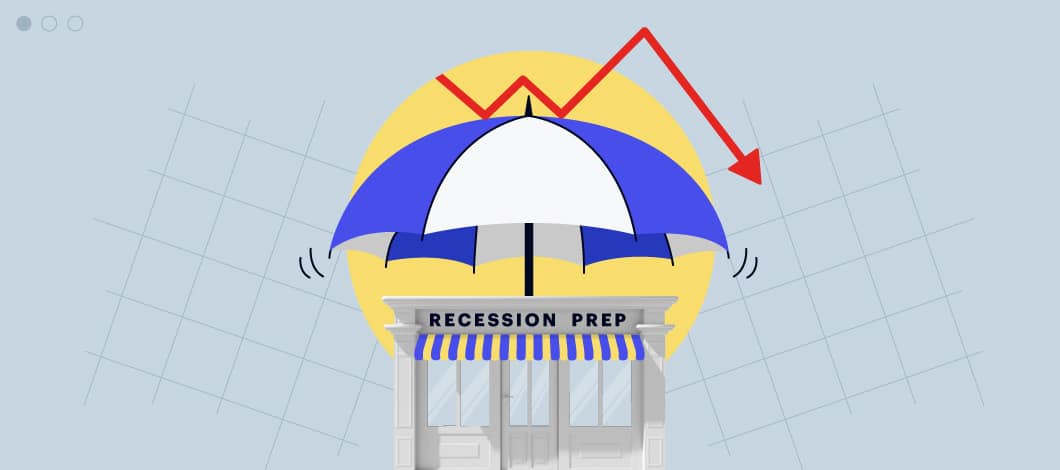 Image of an umbrella above a storefront with a downward-trending red line graph and the words Recession Prep below